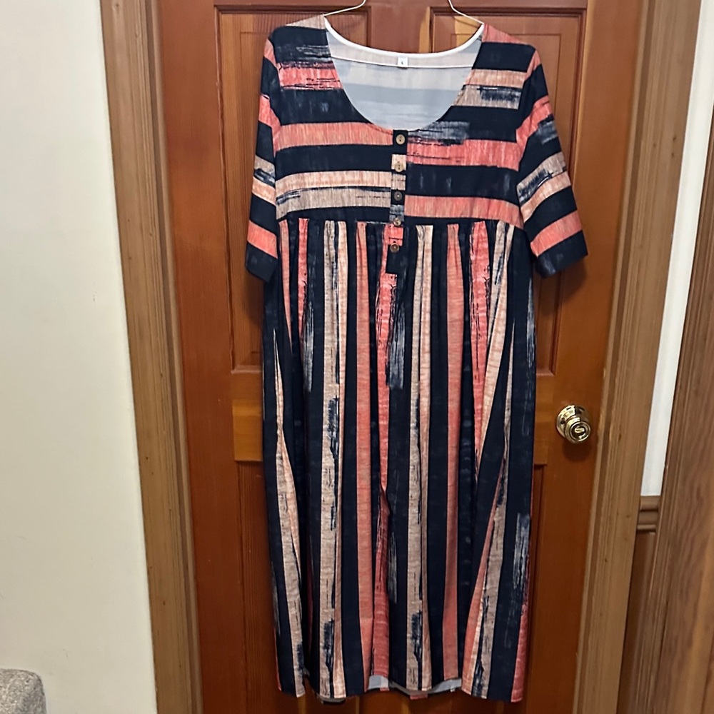 Striped Scoop Neck Women’s Dress in Navy and Coral